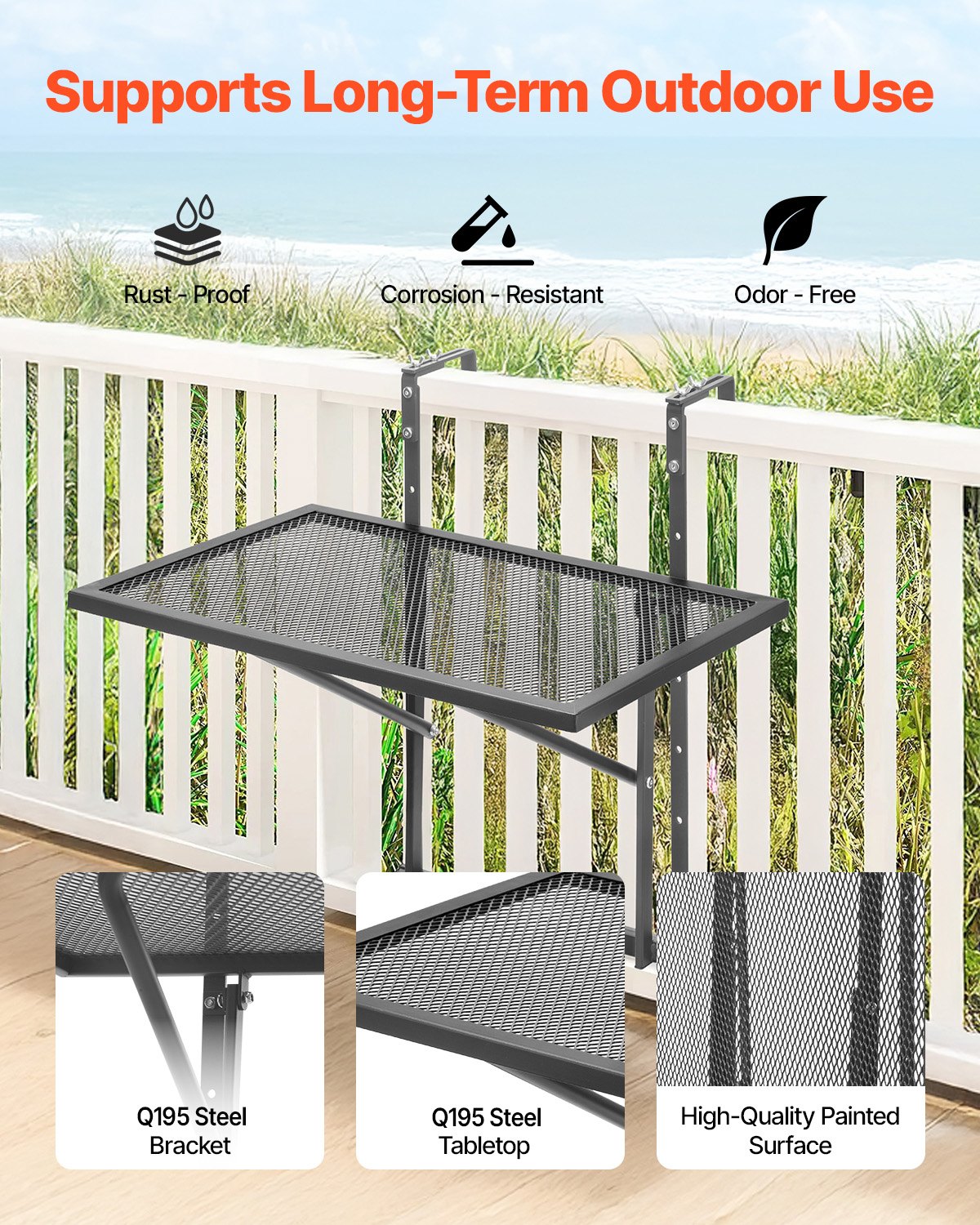 VEVOR Hanging Balcony Table 48 × 61 cm, Foldable Metal Railing Table with 5-Level Adjustment, Suitable for Railings 2.5–11.9 cm Thick, Serving Table for Balcony and Terrace