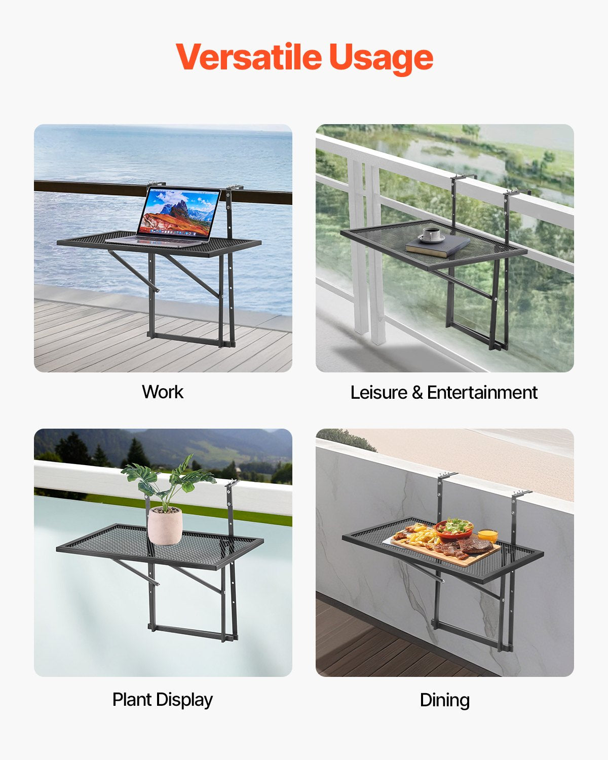 VEVOR Hanging Balcony Table 48 × 61 cm, Foldable Metal Railing Table with 5-Level Adjustment, Suitable for Railings 2.5–11.9 cm Thick, Serving Table for Balcony and Terrace