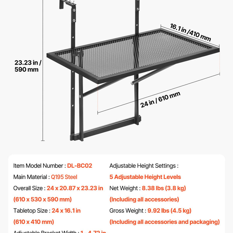 VEVOR piekarināms balkona galds 48 × 61 cm, salokāms metāla margu galds ar 5 līmeņu regulēšanu, piemērots margām ar biezumu 2,5–11,9 cm, pasniegšanas galds balkonam un terasei