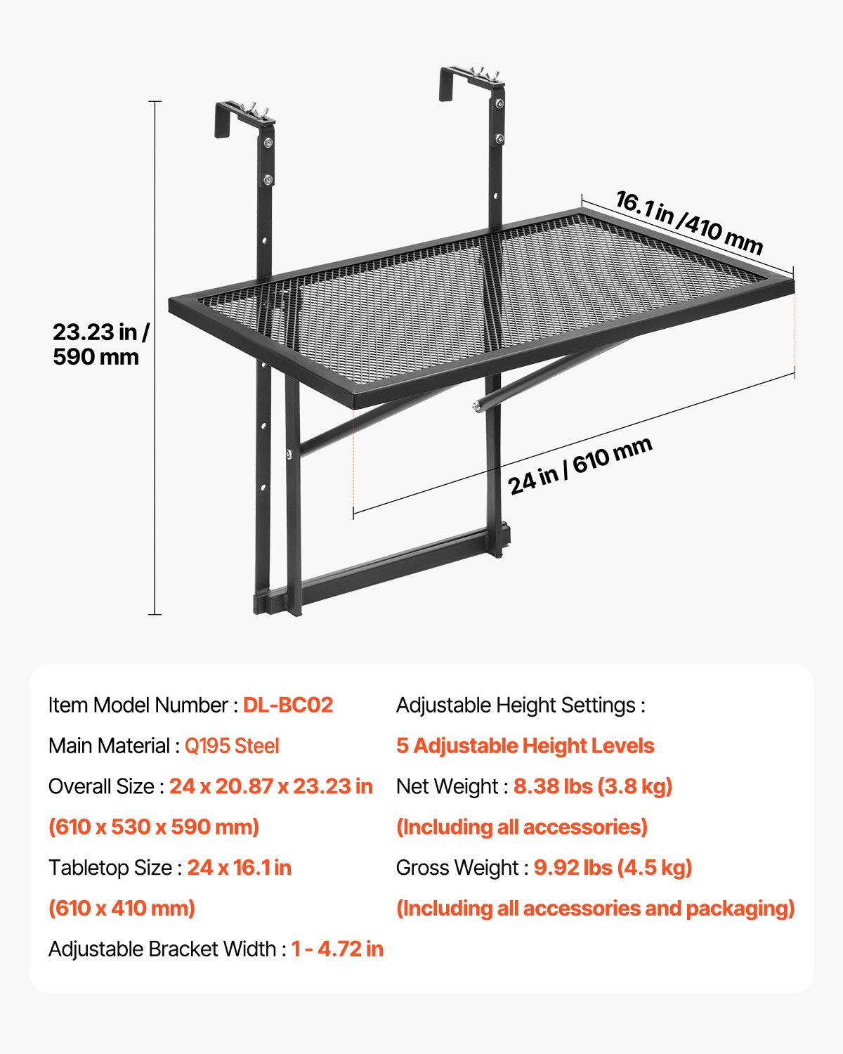 VEVOR Hanging Balcony Table 48 × 61 cm, Foldable Metal Railing Table with 5-Level Adjustment, Suitable for Railings 2.5–11.9 cm Thick, Serving Table for Balcony and Terrace