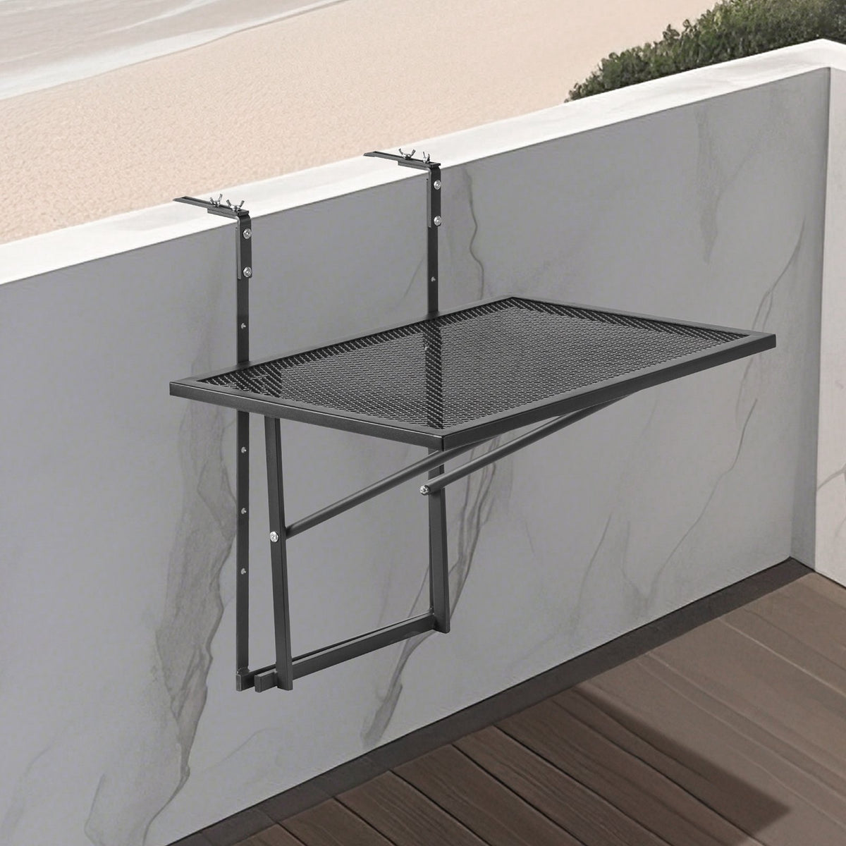 VEVOR Hanging Balcony Table 48 × 61 cm, Foldable Metal Railing Table with 5-Level Adjustment, Suitable for Railings 2.5–11.9 cm Thick, Serving Table for Balcony and Terrace