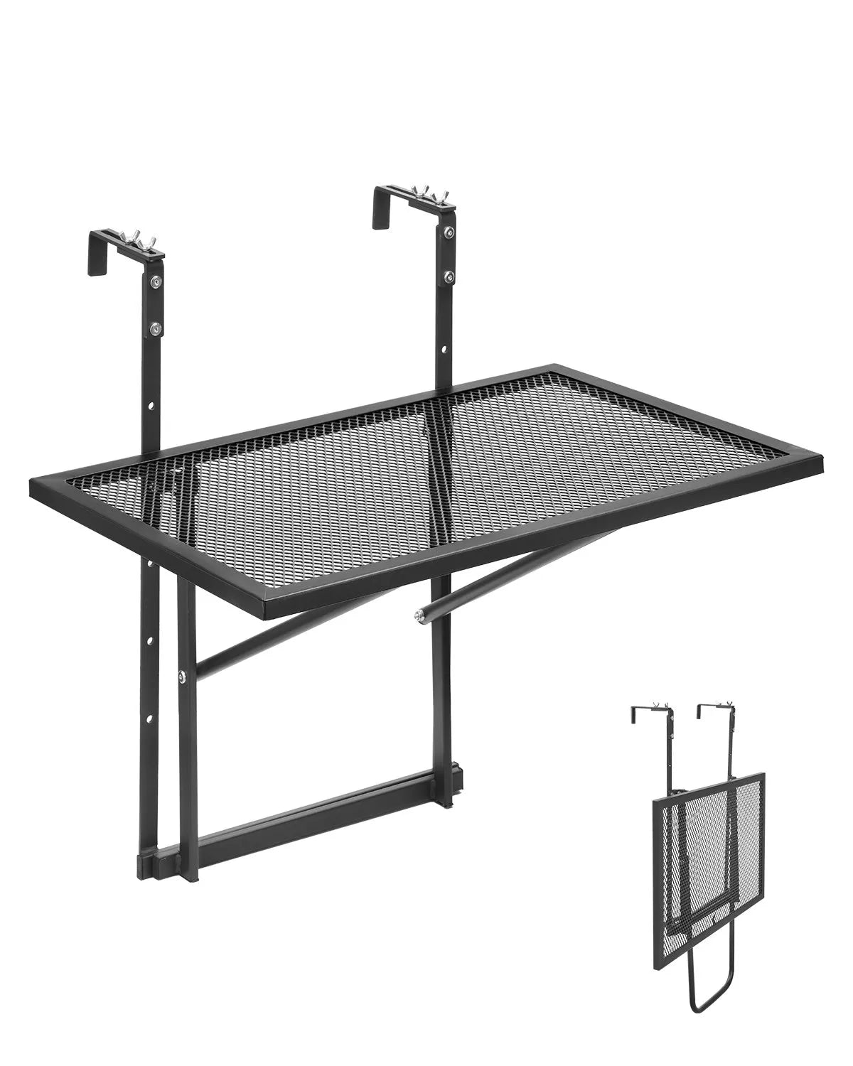 VEVOR Hanging Balcony Table 48 × 61 cm, Foldable Metal Railing Table with 5-Level Adjustment, Suitable for Railings 2.5–11.9 cm Thick, Serving Table for Balcony and Terrace