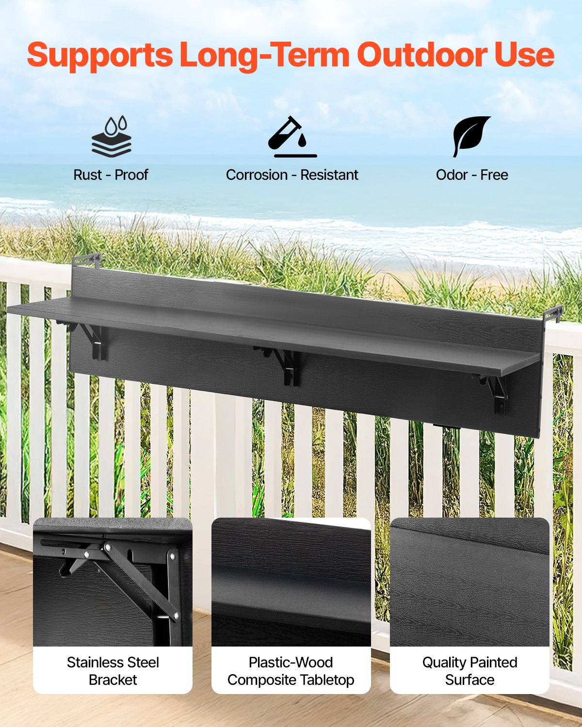 VEVOR Hanging Balcony Table 30.5 × 122 cm, Foldable Railing Table, Load Capacity up to 22.7 kg, Suitable for Railings 2.5–10.9 cm Thick, Serving Table for Balcony and Terrace