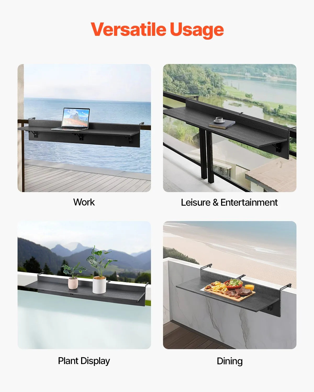 VEVOR Hanging Balcony Table 30.5 × 122 cm, Foldable Railing Table, Load Capacity up to 22.7 kg, Suitable for Railings 2.5–10.9 cm Thick, Serving Table for Balcony and Terrace