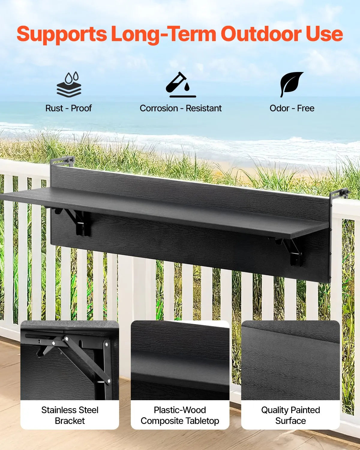 VEVOR Hanging Balcony Table 30.5 × 81.3 cm, Foldable Railing Table, Load Capacity up to 22.7 kg, Suitable for Railings 2.5–10.9 cm Thick, Serving Table for Balcony and Terrace