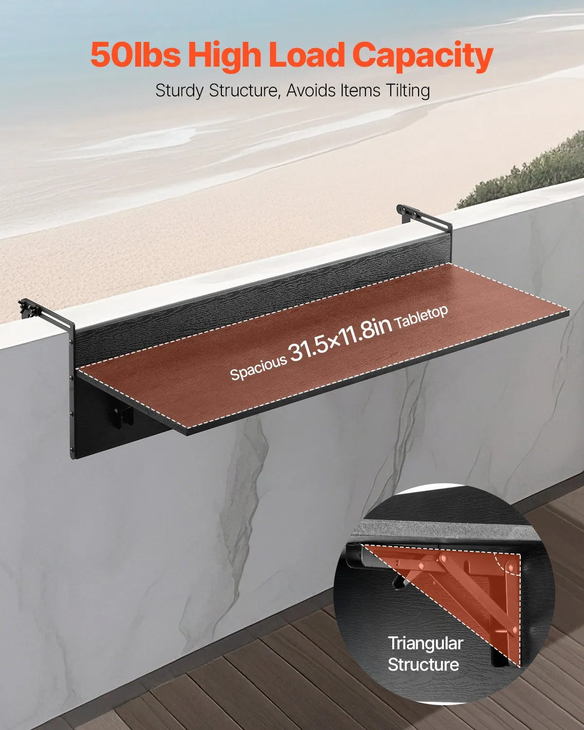 VEVOR Hanging Balcony Table 30.5 × 81.3 cm, Foldable Railing Table, Load Capacity up to 22.7 kg, Suitable for Railings 2.5–10.9 cm Thick, Serving Table for Balcony and Terrace