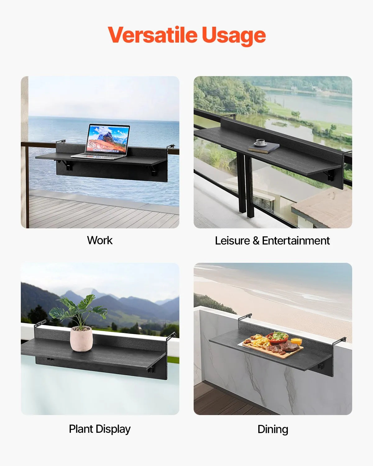 VEVOR Hanging Balcony Table 30.5 × 81.3 cm, Foldable Railing Table, Load Capacity up to 22.7 kg, Suitable for Railings 2.5–10.9 cm Thick, Serving Table for Balcony and Terrace
