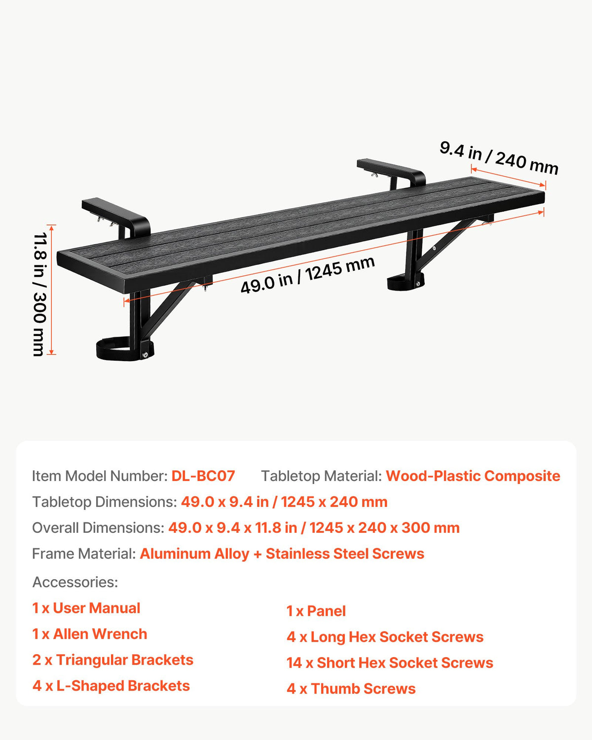 VEVOR DL-BC07 balkona pie margām stiprināms galds 1245 × 240 mm ar regulējamu stiprinājumu un 27 kg slodzi