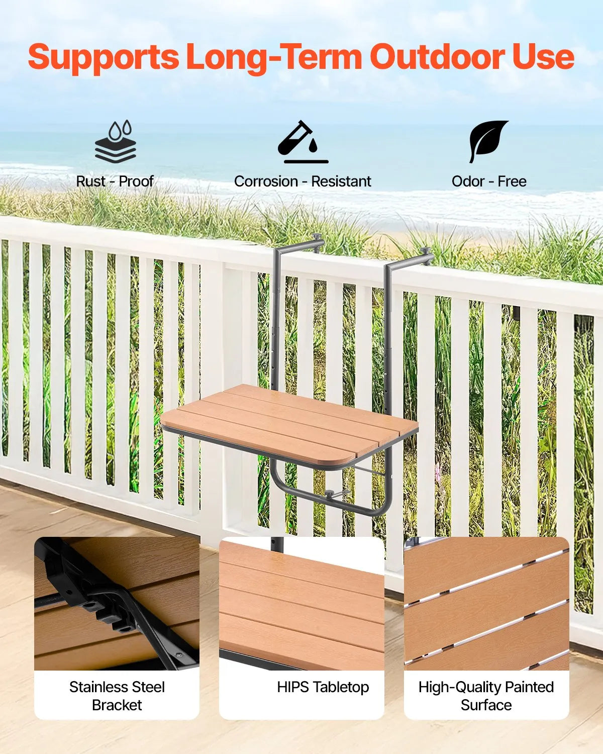 VEVOR Hanging Balcony Table 64 × 61 cm, Foldable Balcony Railing Table with 4-Level Height Adjustment, Suitable for Rails 2.5–21 cm Thick, Serving Table for Balcony and Terrace
