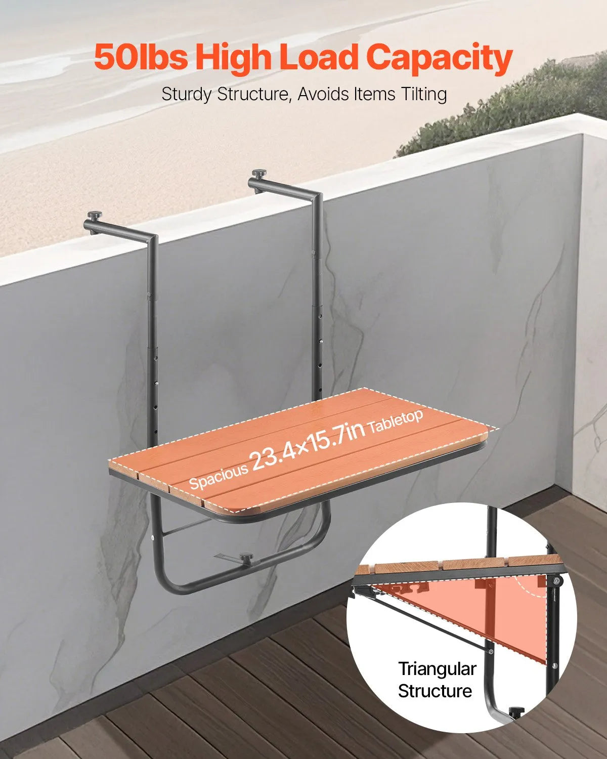 VEVOR Hanging Balcony Table 64 × 61 cm, Foldable Balcony Railing Table with 4-Level Height Adjustment, Suitable for Rails 2.5–21 cm Thick, Serving Table for Balcony and Terrace
