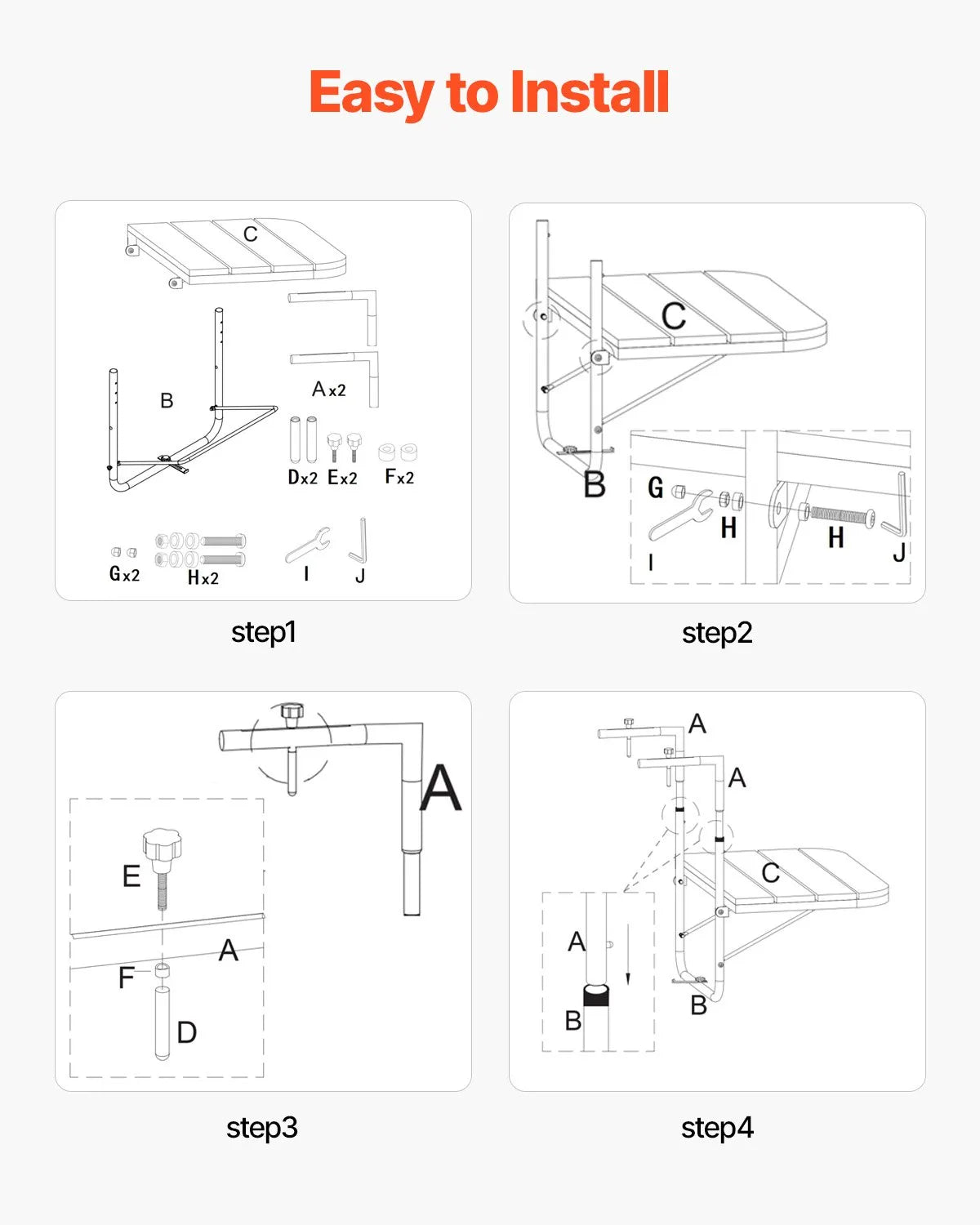 VEVOR Hanging Balcony Table 64 × 61 cm, Foldable Balcony Railing Table with 4-Level Height Adjustment, Suitable for Rails 2.5–21 cm Thick, Serving Table for Balcony and Terrace