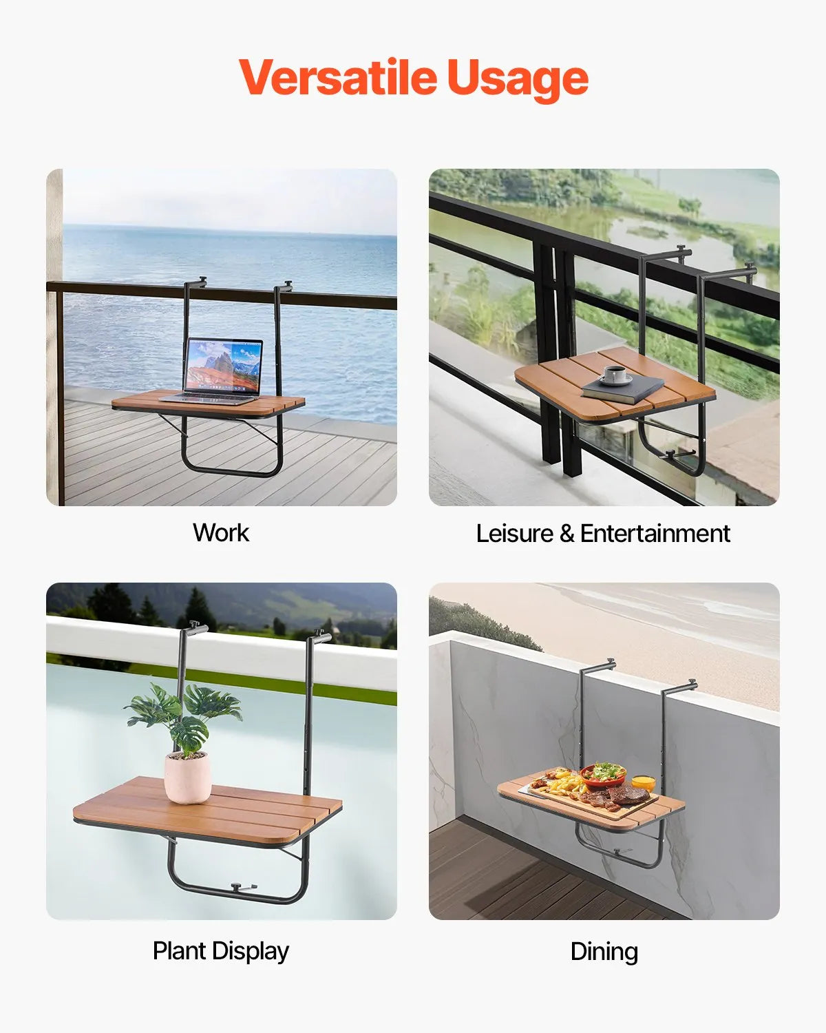 VEVOR Hanging Balcony Table 64 × 61 cm, Foldable Balcony Railing Table with 4-Level Height Adjustment, Suitable for Rails 2.5–21 cm Thick, Serving Table for Balcony and Terrace