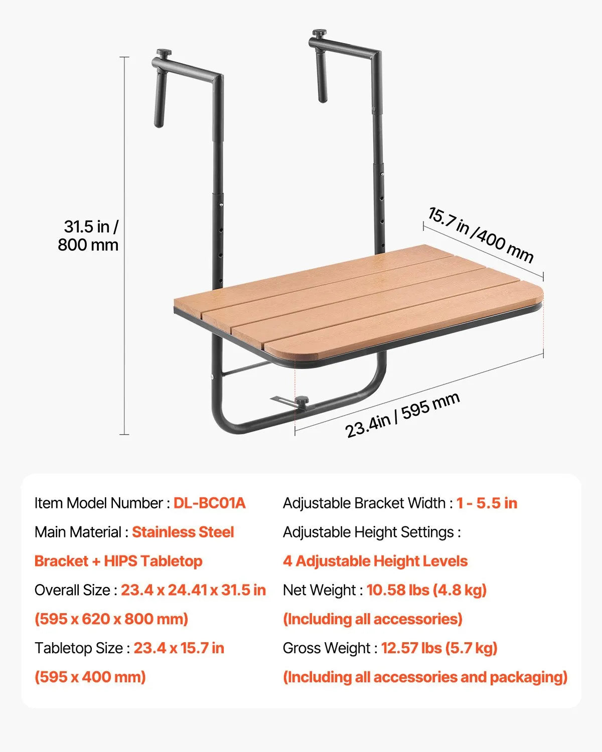 VEVOR Hanging Balcony Table 64 × 61 cm, Foldable Balcony Railing Table with 4-Level Height Adjustment, Suitable for Rails 2.5–21 cm Thick, Serving Table for Balcony and Terrace