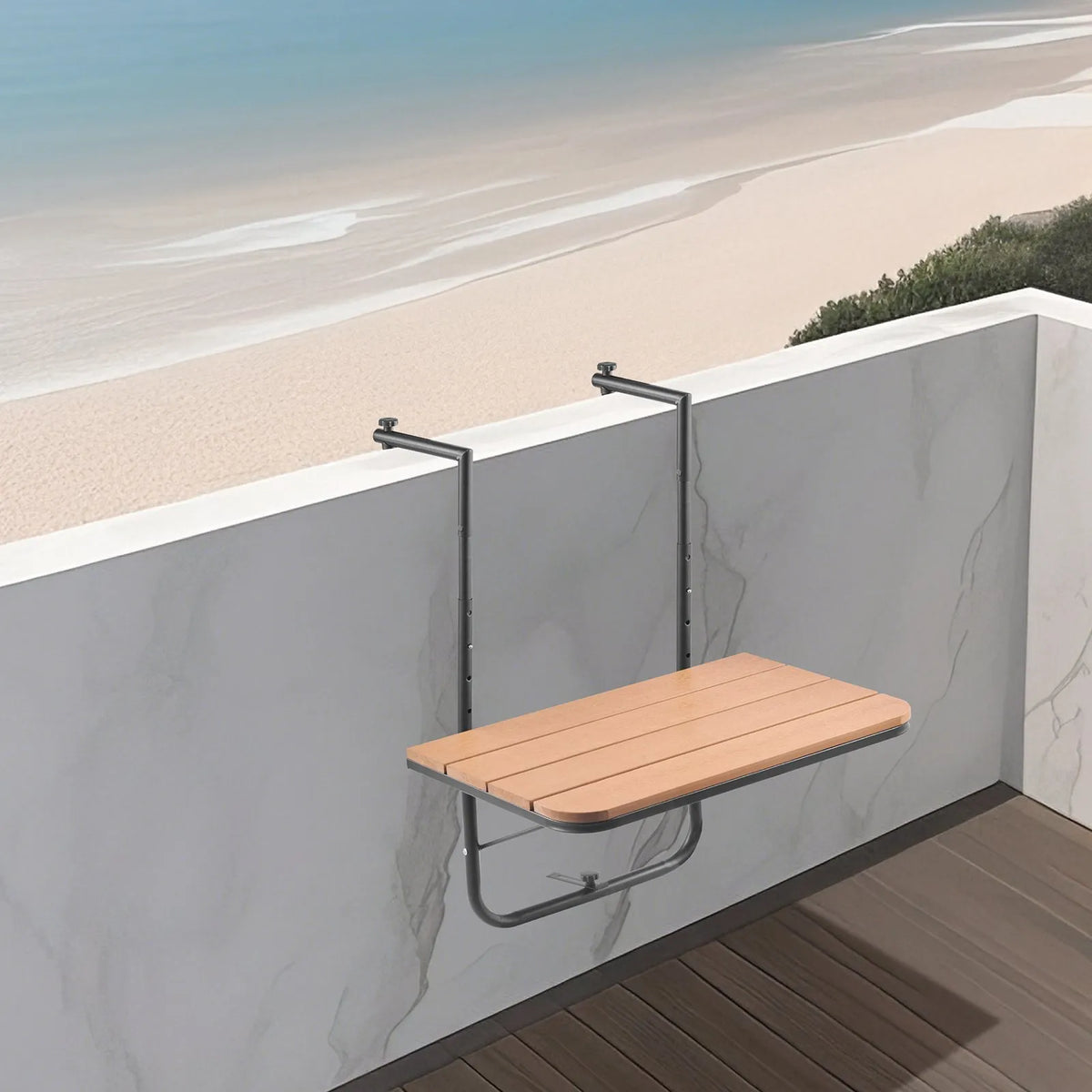 VEVOR Hanging Balcony Table 64 × 61 cm, Foldable Balcony Railing Table with 4-Level Height Adjustment, Suitable for Rails 2.5–21 cm Thick, Serving Table for Balcony and Terrace