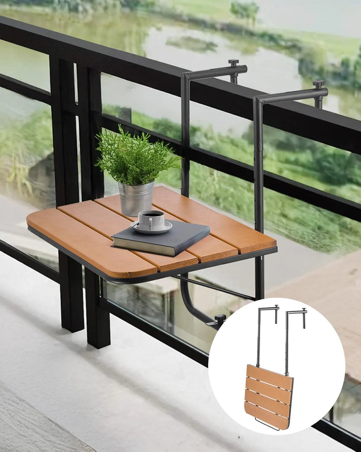 VEVOR Hanging Balcony Table 64 × 61 cm, Foldable Balcony Railing Table with 4-Level Height Adjustment, Suitable for Rails 2.5–21 cm Thick, Serving Table for Balcony and Terrace