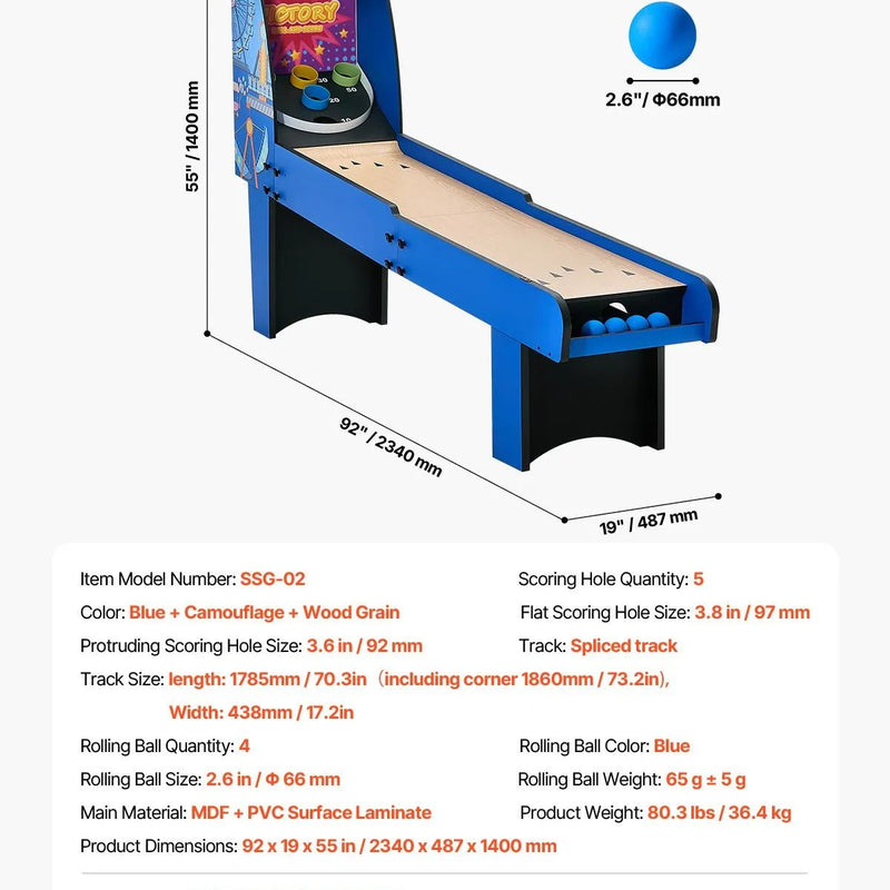 VEVOR klasiskā Roll and Score arkādes spēļu galda iekārta, 244 cm, iekštelpu arkādes spēle ar elektronisko rezultātu skaitītāju, skaņu un automātisku bumbiņu atgriešanu, piemērota pieaugušajiem un bērniem, 4 bumbiņas komplektā - ZEMLETES.LV