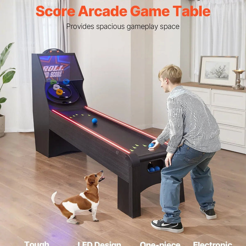 VEVOR klasiskā Roll and Score arkādes spēļu galda iekārta, 274 cm, iekštelpu skeeball spēļu galds ar LED elektronisko rezultātu skaitītāju, skaņu un automātisku bumbiņu atgriešanu, piemērots pieaugušajiem un bērniem, 4 bumbiņas komplektā - ZEMLETES.LV