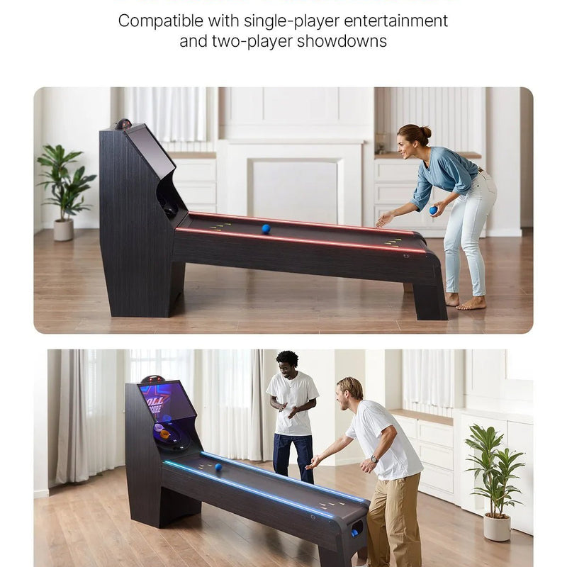 VEVOR klasiskā Roll and Score arkādes spēļu galda iekārta, 274 cm, iekštelpu skeeball spēļu galds ar LED elektronisko rezultātu skaitītāju, skaņu un automātisku bumbiņu atgriešanu, piemērots pieaugušajiem un bērniem, 4 bumbiņas komplektā - ZEMLETES.LV