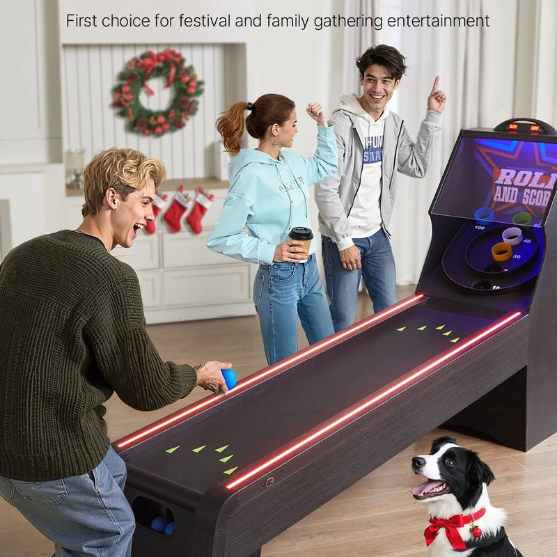 VEVOR klasiskā Roll and Score arkādes spēļu galda iekārta, 274 cm, iekštelpu skeeball spēļu galds ar LED elektronisko rezultātu skaitītāju, skaņu un automātisku bumbiņu atgriešanu, piemērots pieaugušajiem un bērniem, 4 bumbiņas komplektā - ZEMLETES.LV