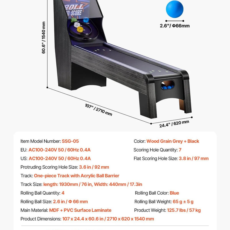 VEVOR klasiskā Roll and Score arkādes spēļu galda iekārta, 274 cm, iekštelpu skeeball spēļu galds ar LED elektronisko rezultātu skaitītāju, skaņu un automātisku bumbiņu atgriešanu, piemērots pieaugušajiem un bērniem, 4 bumbiņas komplektā - ZEMLETES.LV