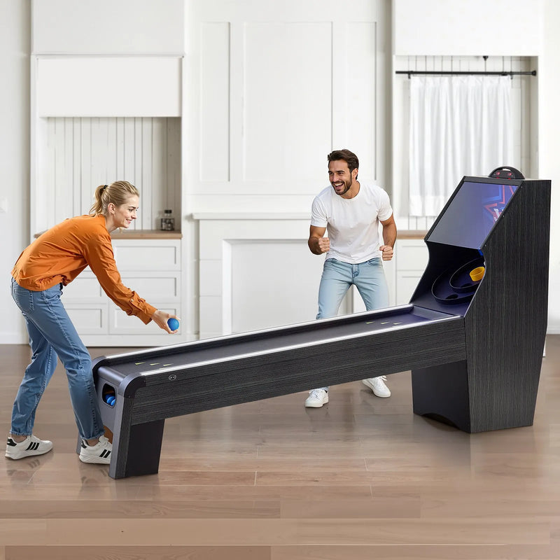 VEVOR klasiskā Roll and Score arkādes spēļu galda iekārta, 274 cm, iekštelpu skeeball spēļu galds ar LED elektronisko rezultātu skaitītāju, skaņu un automātisku bumbiņu atgriešanu, piemērots pieaugušajiem un bērniem, 4 bumbiņas komplektā - ZEMLETES.LV