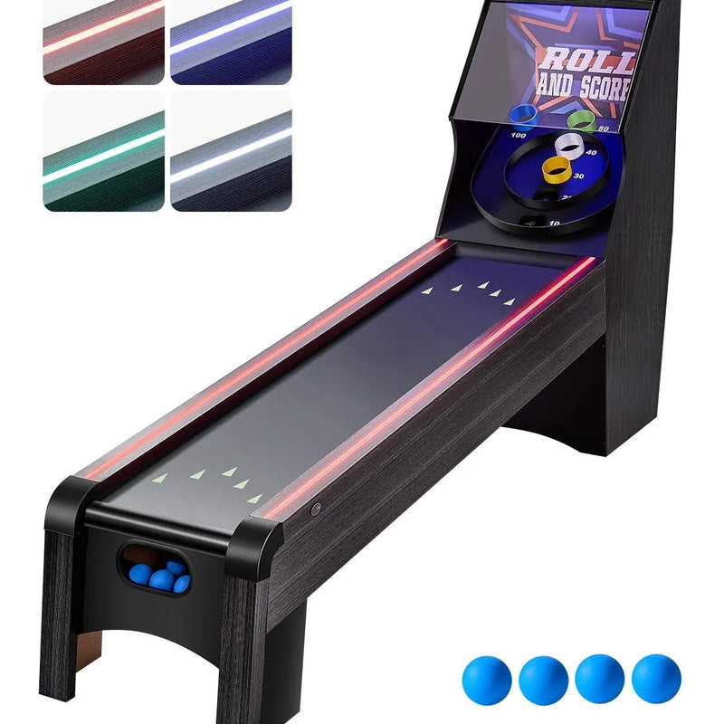 VEVOR klasiskā Roll and Score arkādes spēļu galda iekārta, 274 cm, iekštelpu skeeball spēļu galds ar LED elektronisko rezultātu skaitītāju, skaņu un automātisku bumbiņu atgriešanu, piemērots pieaugušajiem un bērniem, 4 bumbiņas komplektā - ZEMLETES.LV