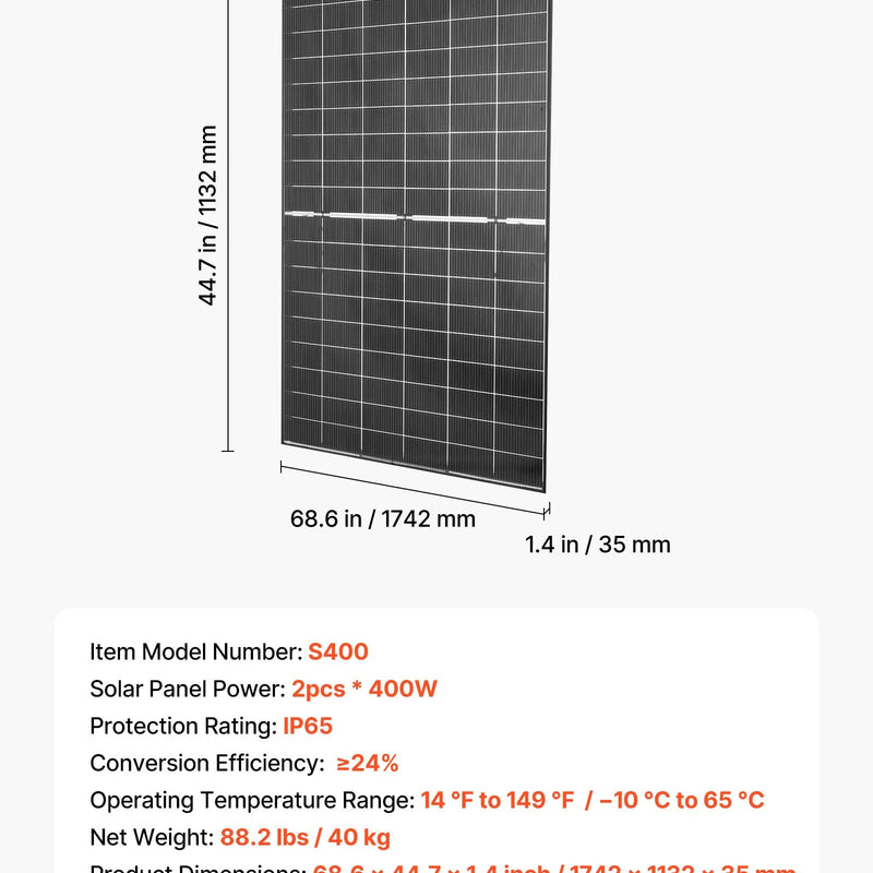 VEVOR 2 gab. bifaciālie saules paneļi S400, 400 W katrs, 16BB N-tipa monokristāliski, ≥24% efektivitāte, IP65, MC4, alumīnija rāmis, auto, laivām, RV, jumtiem un off-grid sistēmām