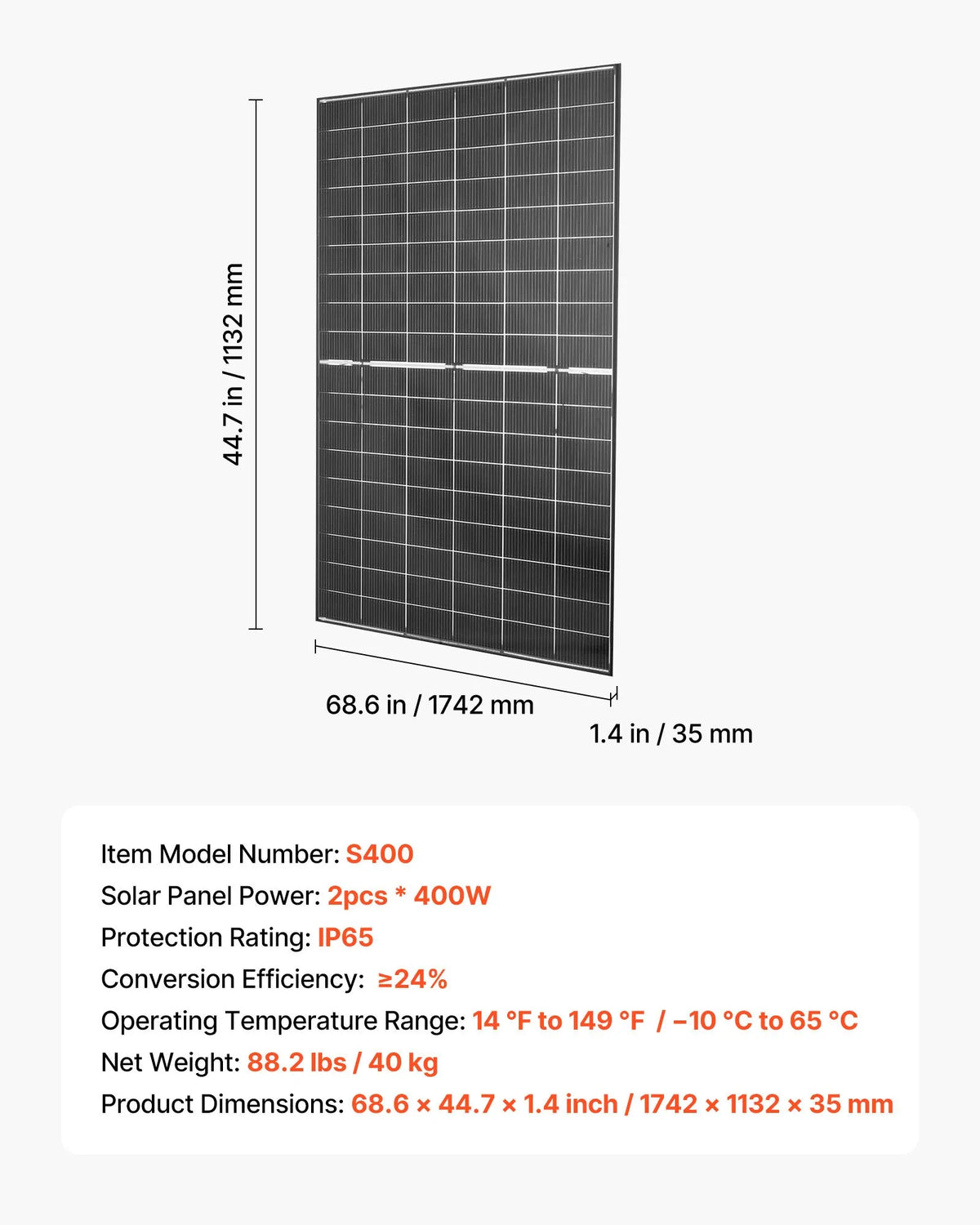 VEVOR 2 gab. bifaciālie saules paneļi S400, 400 W katrs, 16BB N-tipa monokristāliski, ≥24% efektivitāte, IP65, MC4, alumīnija rāmis, auto, laivām, RV, jumtiem un off-grid sistēmām