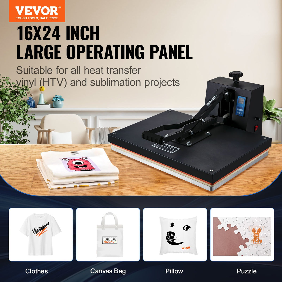 VEVOR termoprese T-kreklu apdrukai, 40,6 × 61 cm, 1700 W, digitālā vadība, regulējams spiediens, melna