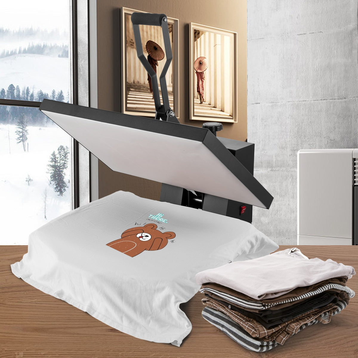 VEVOR termoprese T-kreklu apdrukai, 40,6 × 61 cm, 1700 W, digitālā vadība, regulējams spiediens, melna
