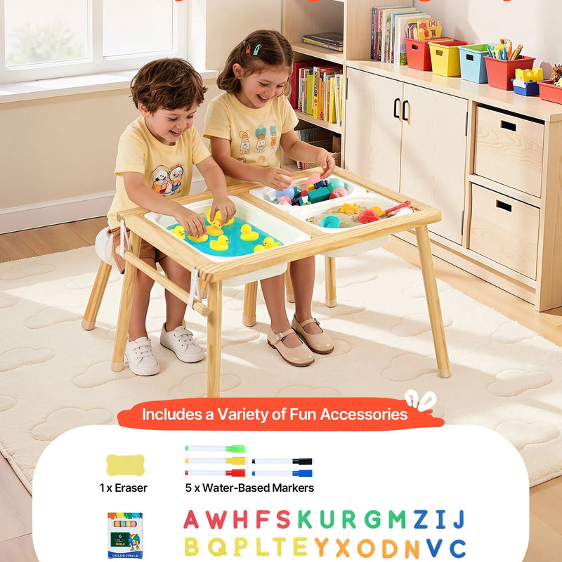 VEVOR koka sensoro aktivitāšu galds bērniem ar 2 krēsliem, abpusēju galda virsmu, uzglabāšanas kastēm un neslīdošām kājām, piemērots smilšu un ūdens rotaļām, zīmēšanai, mācībām un ēšanai