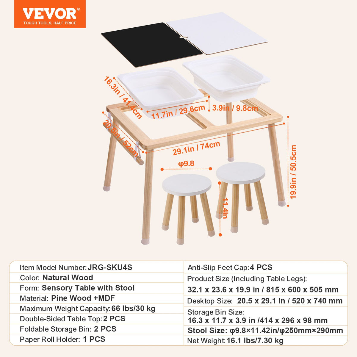 VEVOR puidust sensoorne laud lastele 2 tabureti, 2 hoiukasti ja paberirulli hoidjaga, 81,5 × 60 cm