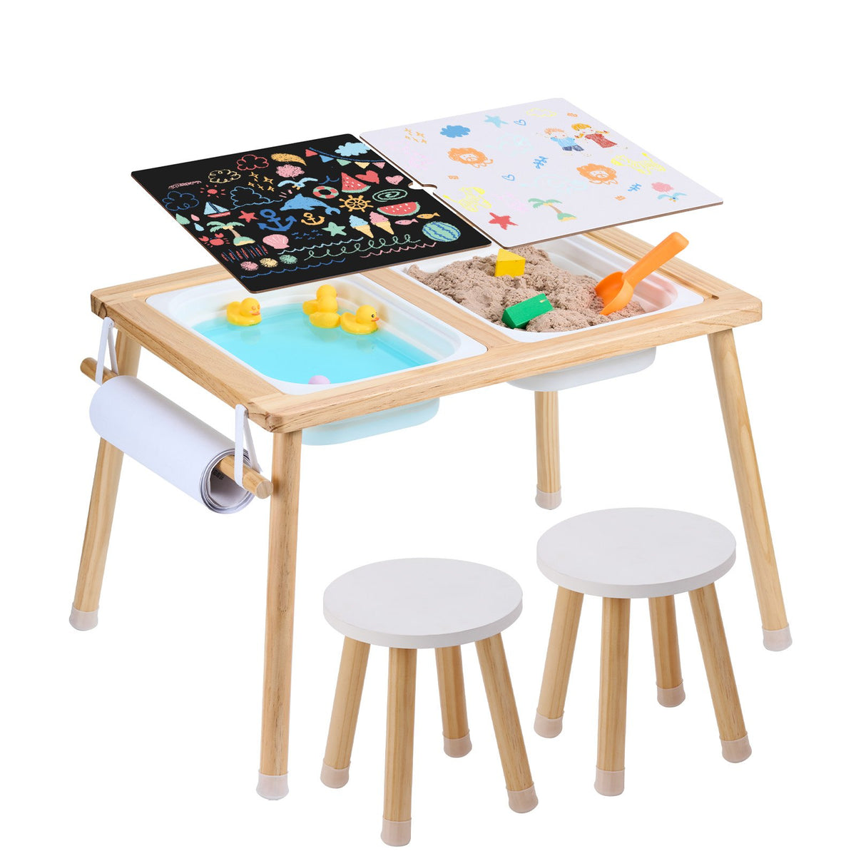 VEVOR puidust sensoorne laud lastele 2 tabureti, 2 hoiukasti ja paberirulli hoidjaga, 81,5 × 60 cm