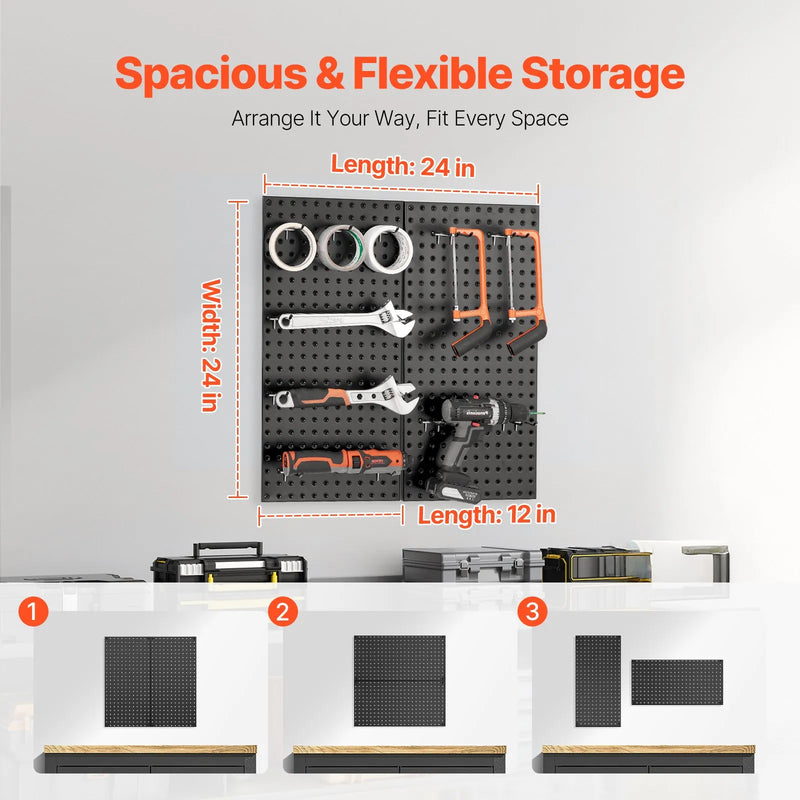 VEVOR metāla perforēto sienas paneļu komplekts, 2 paneļi 610 × 305 mm, lieljaudas tērauda Pegboard sienas organizators ar piederumiem instrumentu un mantu uzglabāšanai, garāžai, darbnīcai, birojam, amatniecības telpai, virtuvei un mājai, melns