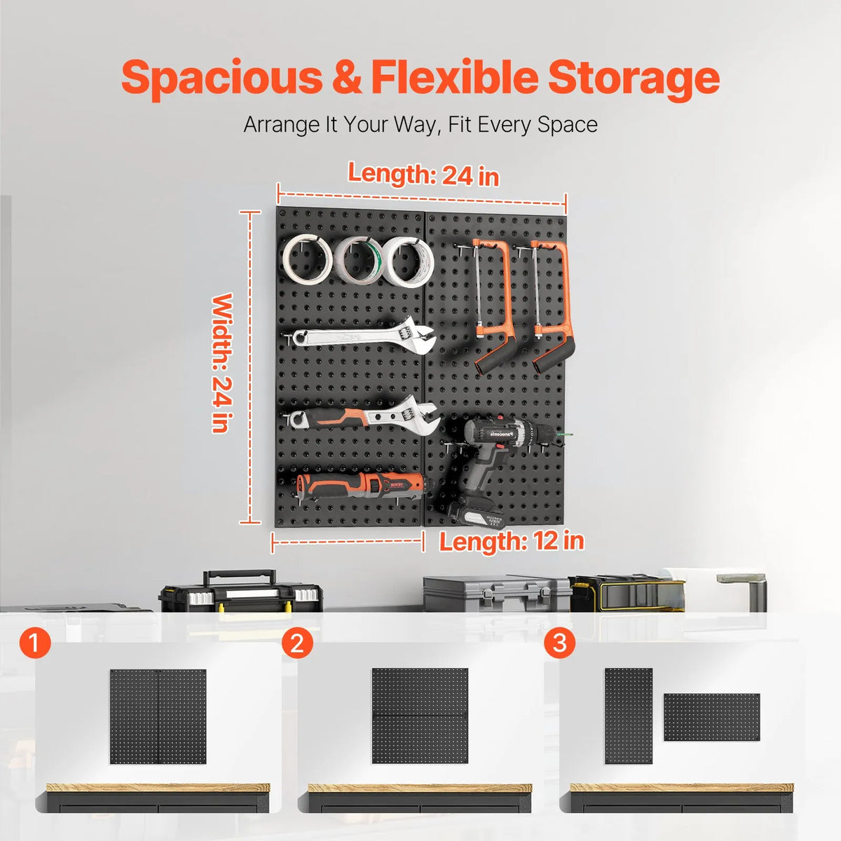 VEVOR metāla perforēto sienas paneļu komplekts, 2 paneļi 610 × 305 mm, lieljaudas tērauda Pegboard sienas organizators ar piederumiem instrumentu un mantu uzglabāšanai, garāžai, darbnīcai, birojam, amatniecības telpai, virtuvei un mājai, melns
