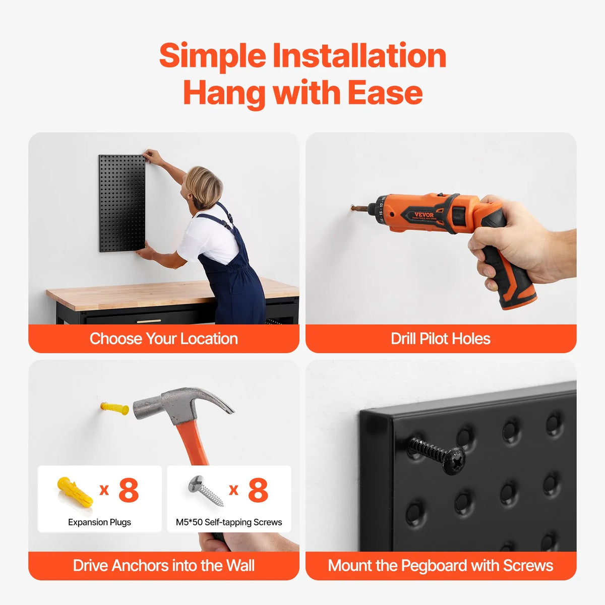 VEVOR metāla perforēto sienas paneļu komplekts, 2 paneļi 610 × 305 mm, lieljaudas tērauda Pegboard sienas organizators ar piederumiem instrumentu un mantu uzglabāšanai, garāžai, darbnīcai, birojam, amatniecības telpai, virtuvei un mājai, melns
