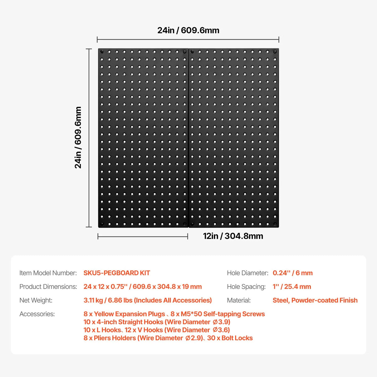 VEVOR metāla perforēto sienas paneļu komplekts, 2 paneļi 610 × 305 mm, lieljaudas tērauda Pegboard sienas organizators ar piederumiem instrumentu un mantu uzglabāšanai, garāžai, darbnīcai, birojam, amatniecības telpai, virtuvei un mājai, melns