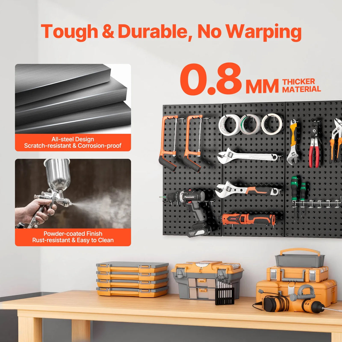 VEVOR metāla perforēto sienas paneļu komplekts, 3 paneļi 610 × 305 mm, lieljaudas tērauda Pegboard sienas organizators instrumentu un piederumu uzglabāšanai, garāžai, darbnīcai, birojam, amatniecības telpai, virtuvei un mājai, melns