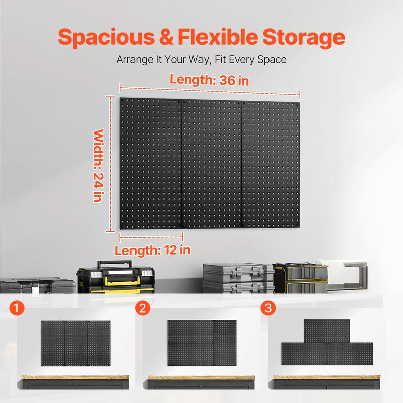 VEVOR metāla perforēto sienas paneļu komplekts, 3 paneļi 610 × 305 mm, lieljaudas tērauda Pegboard sienas organizators instrumentu un piederumu uzglabāšanai, garāžai, darbnīcai, birojam, amatniecības telpai, virtuvei un mājai, melns