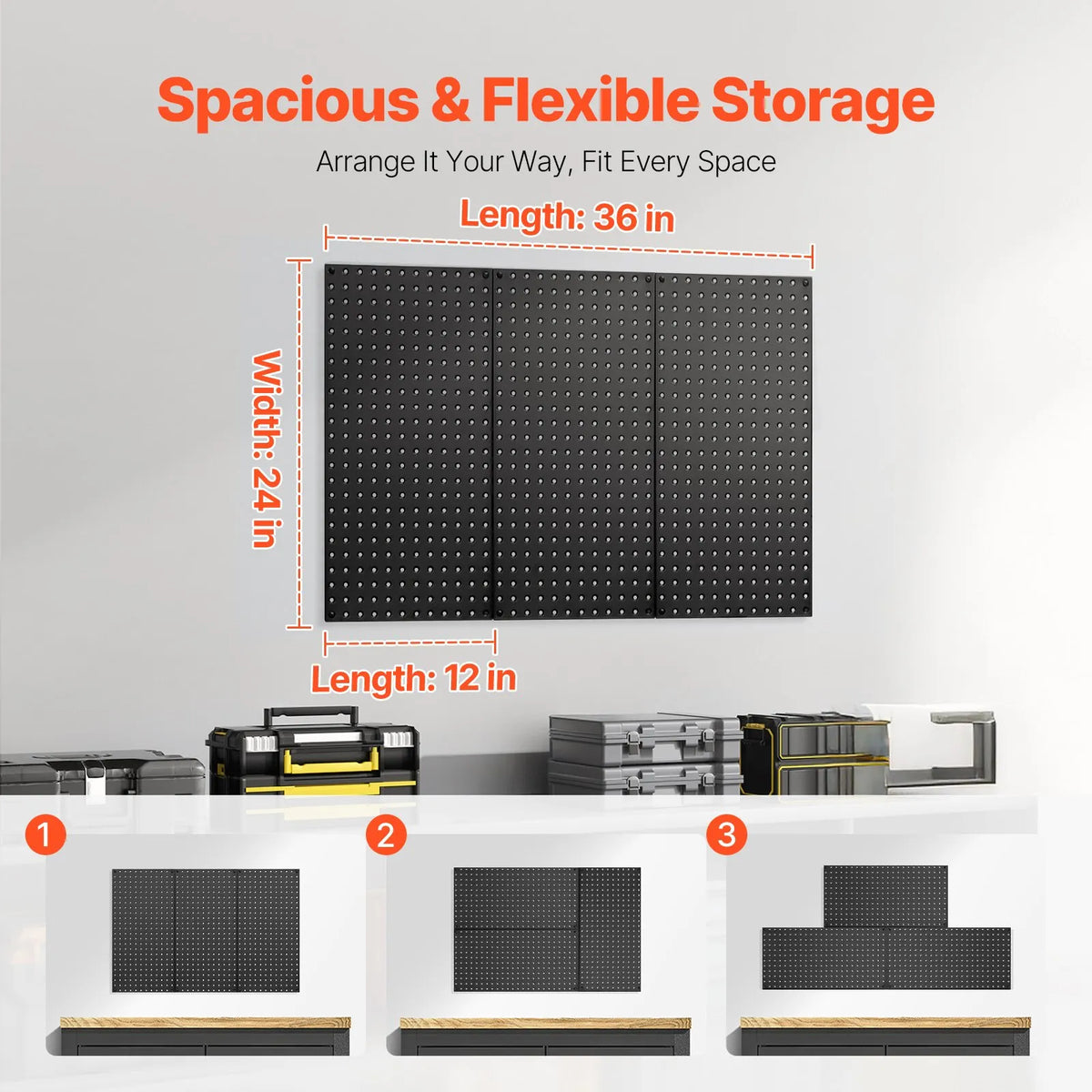 VEVOR metāla perforēto sienas paneļu komplekts, 3 paneļi 610 × 305 mm, lieljaudas tērauda Pegboard sienas organizators instrumentu un piederumu uzglabāšanai, garāžai, darbnīcai, birojam, amatniecības telpai, virtuvei un mājai, melns