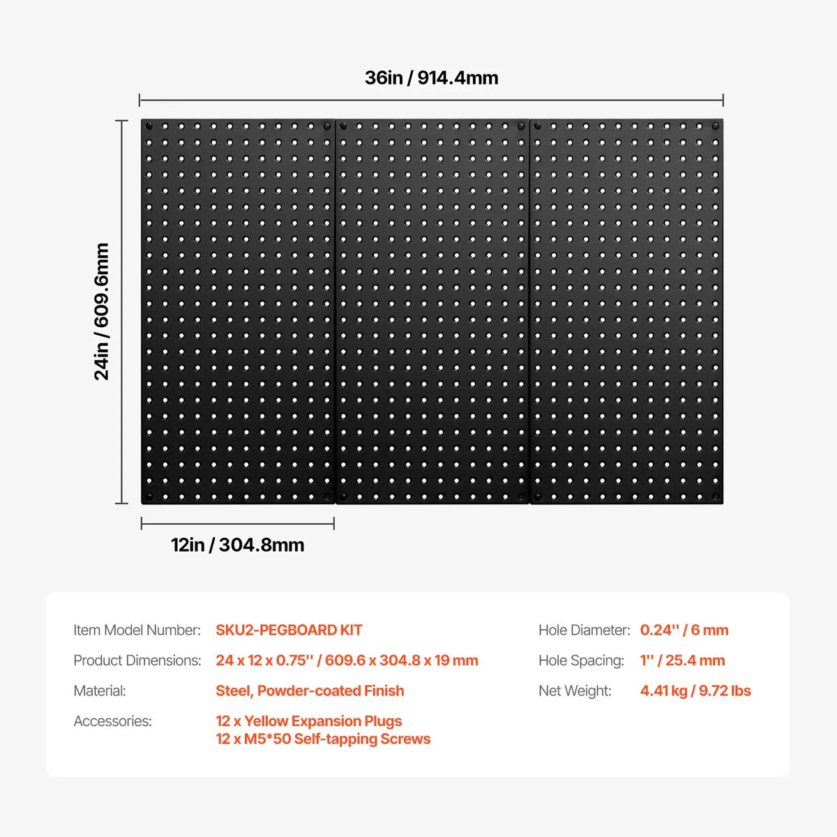 VEVOR metāla perforēto sienas paneļu komplekts, 3 paneļi 610 × 305 mm, lieljaudas tērauda Pegboard sienas organizators instrumentu un piederumu uzglabāšanai, garāžai, darbnīcai, birojam, amatniecības telpai, virtuvei un mājai, melns