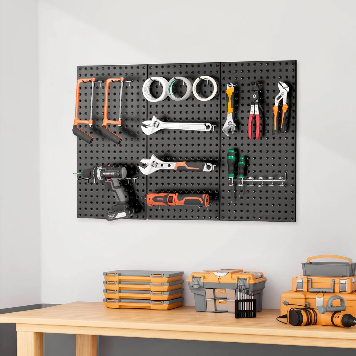 VEVOR metāla perforēto sienas paneļu komplekts, 3 paneļi 610 × 305 mm, lieljaudas tērauda Pegboard sienas organizators instrumentu un piederumu uzglabāšanai, garāžai, darbnīcai, birojam, amatniecības telpai, virtuvei un mājai, melns