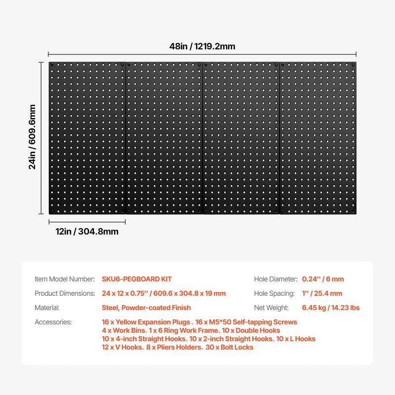 VEVOR metāla perforēto sienas paneļu komplekts, 4 paneļi 610 × 305 mm, lieljaudas tērauda instrumentu organizators ar piederumu komplektu, kopējā kravnesība līdz 79,8 kg, garāžai, darbnīcai, birojam, amatniecības telpai un virtuvei, melns