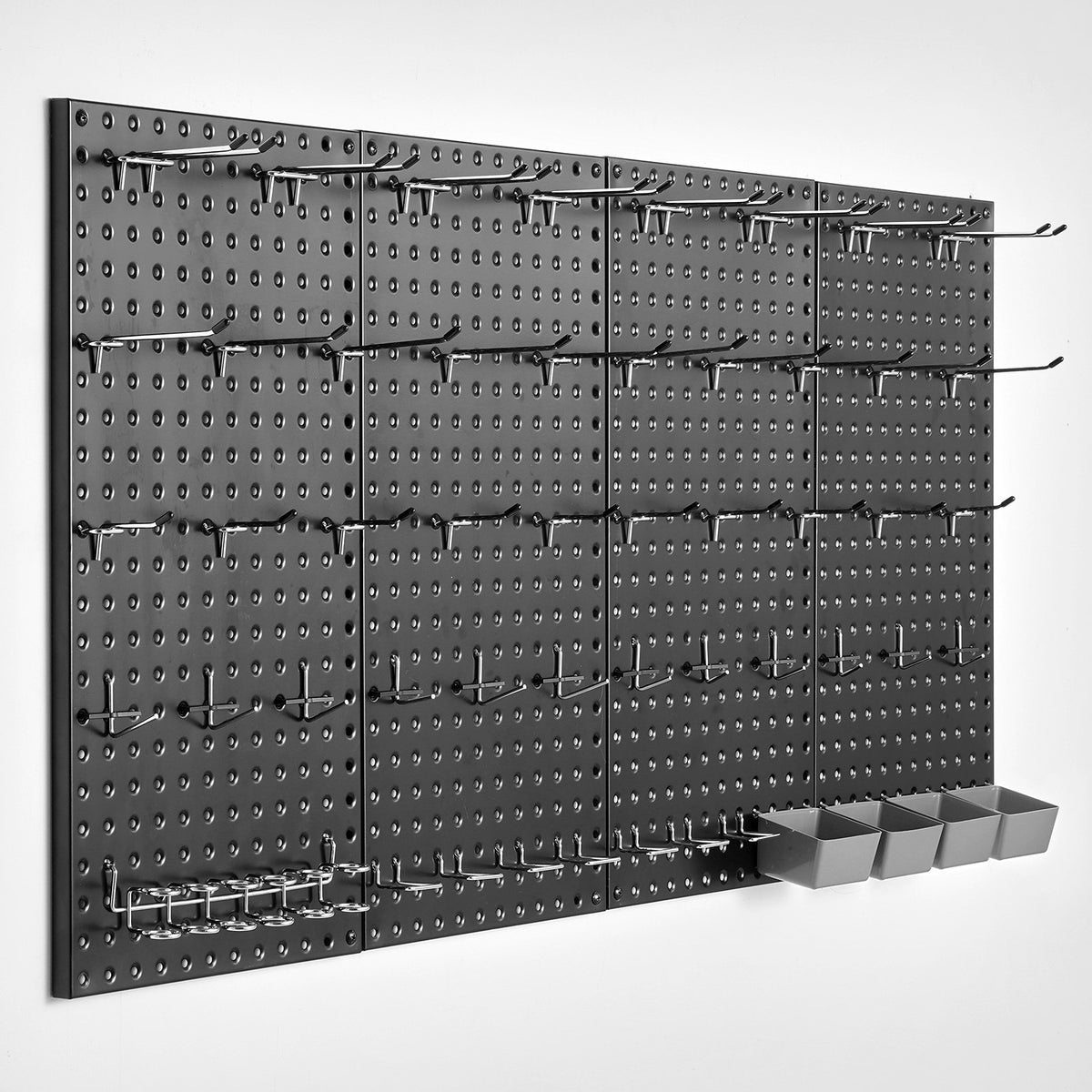 VEVOR metāla perforēto sienas paneļu komplekts, 4 paneļi 610 × 305 mm, lieljaudas tērauda instrumentu organizators ar piederumu komplektu, kopējā kravnesība līdz 79,8 kg, garāžai, darbnīcai, birojam, amatniecības telpai un virtuvei, melns