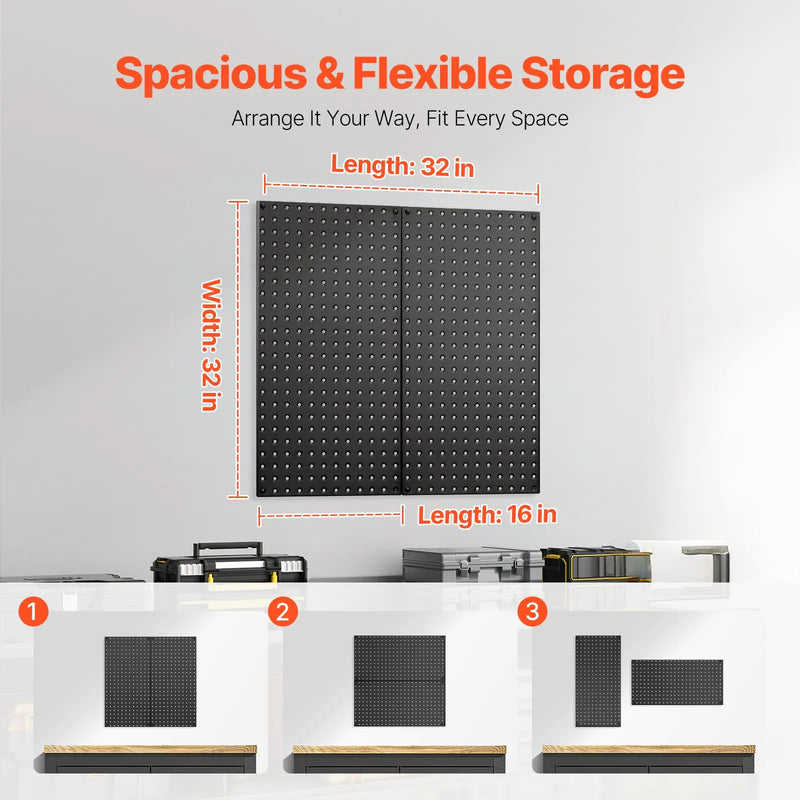 VEVOR metāla perforēto sienas paneļu komplekts, 2 paneļi 813 × 406 mm, lieljaudas tērauda Pegboard sienas organizators instrumentu un piederumu uzglabāšanai, garāžai, darbnīcai, darba galdam, birojam, amatniecības telpai, virtuvei un mājai, melns
