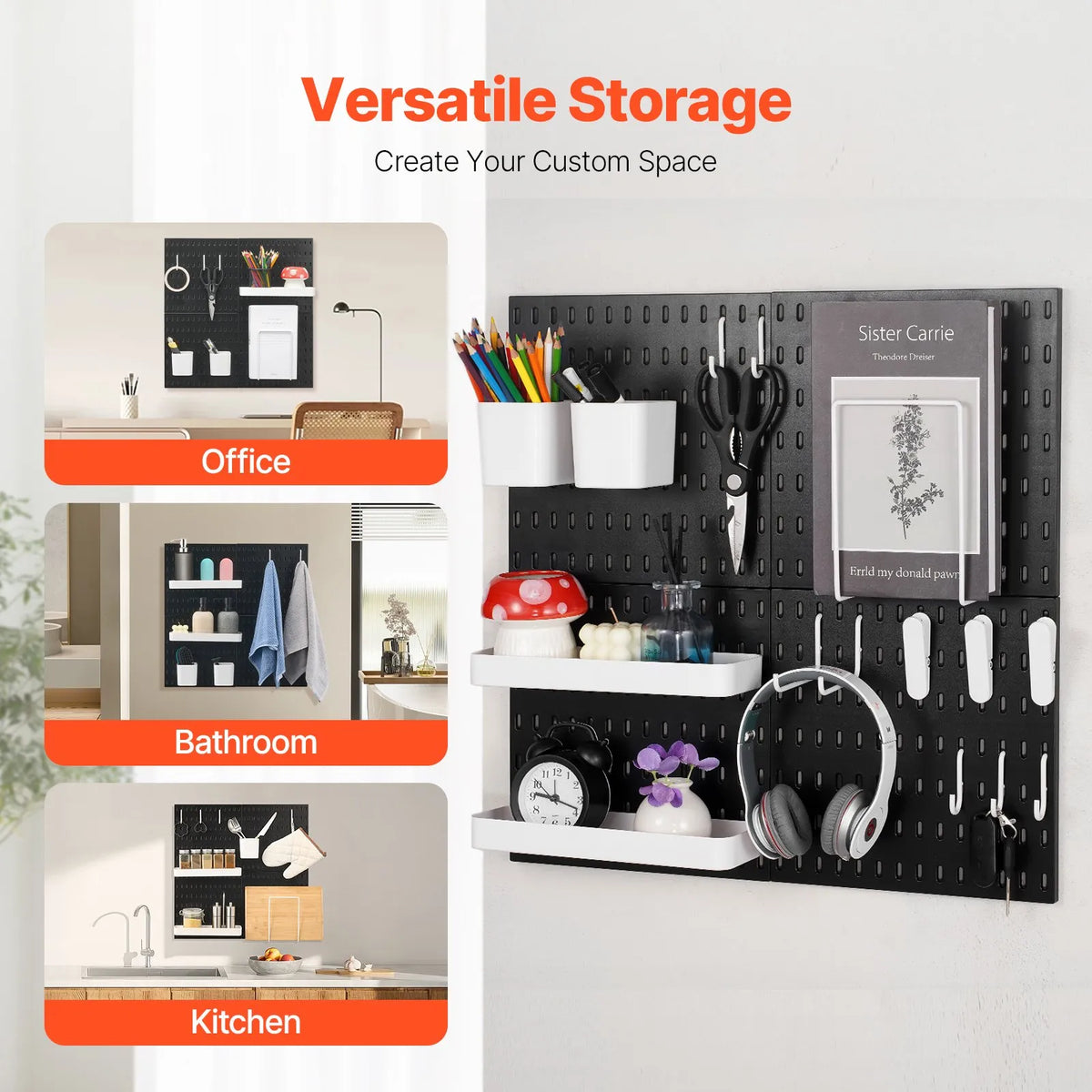 VEVOR plastmasas Pegboard sienas organizatora komplekts, 4 paneļi 280 × 280 mm, perforēto paneļu sistēma ar piederumiem instrumentu un sadzīves priekšmetu uzglabāšanai, garāžai, virtuvei, viesistabai, amatniecības telpai, birojam un vannasistabai, melna