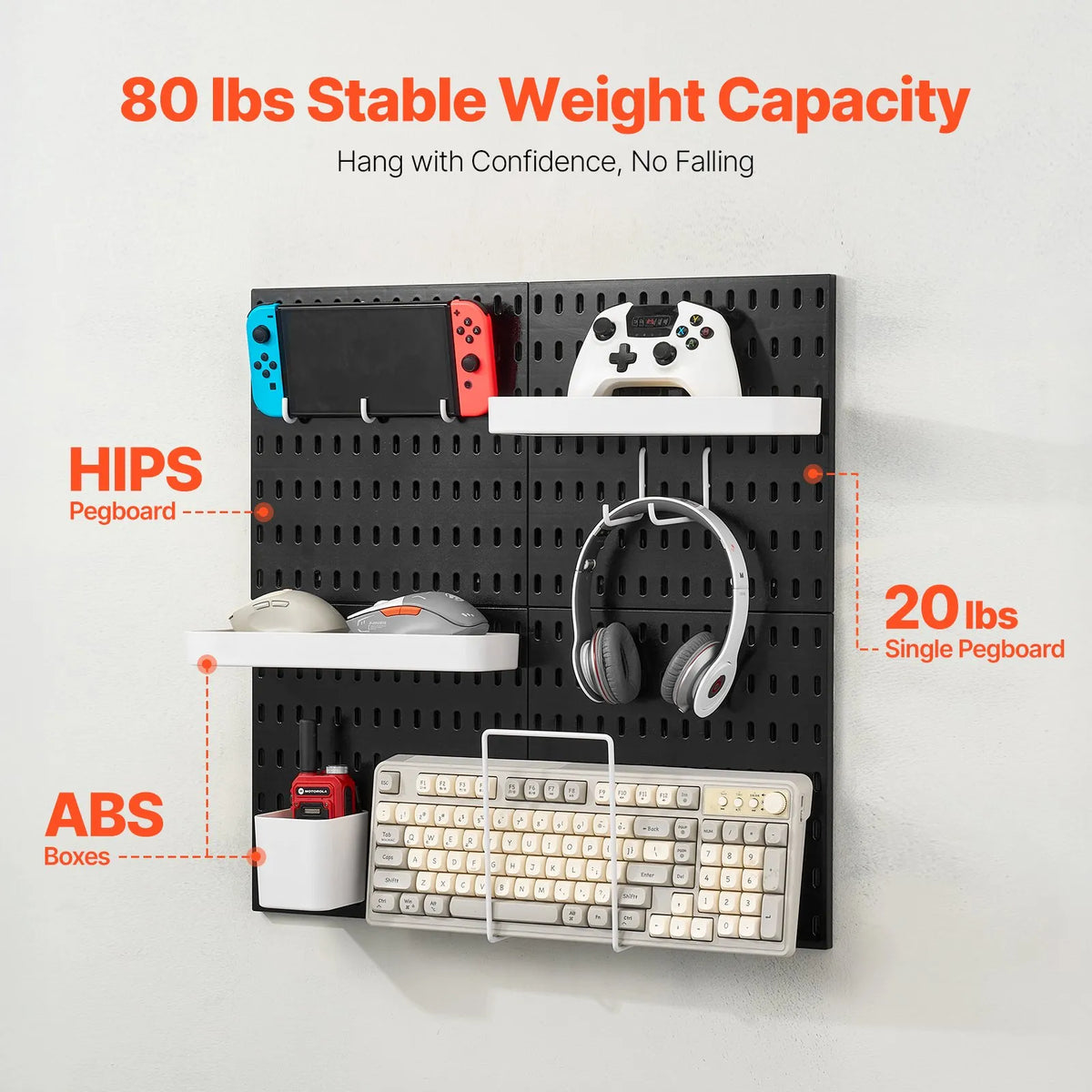 VEVOR plastmasas Pegboard sienas organizatora komplekts, 4 paneļi 280 × 280 mm, perforēto paneļu sistēma ar piederumiem instrumentu un sadzīves priekšmetu uzglabāšanai, garāžai, virtuvei, viesistabai, amatniecības telpai, birojam un vannasistabai, melna