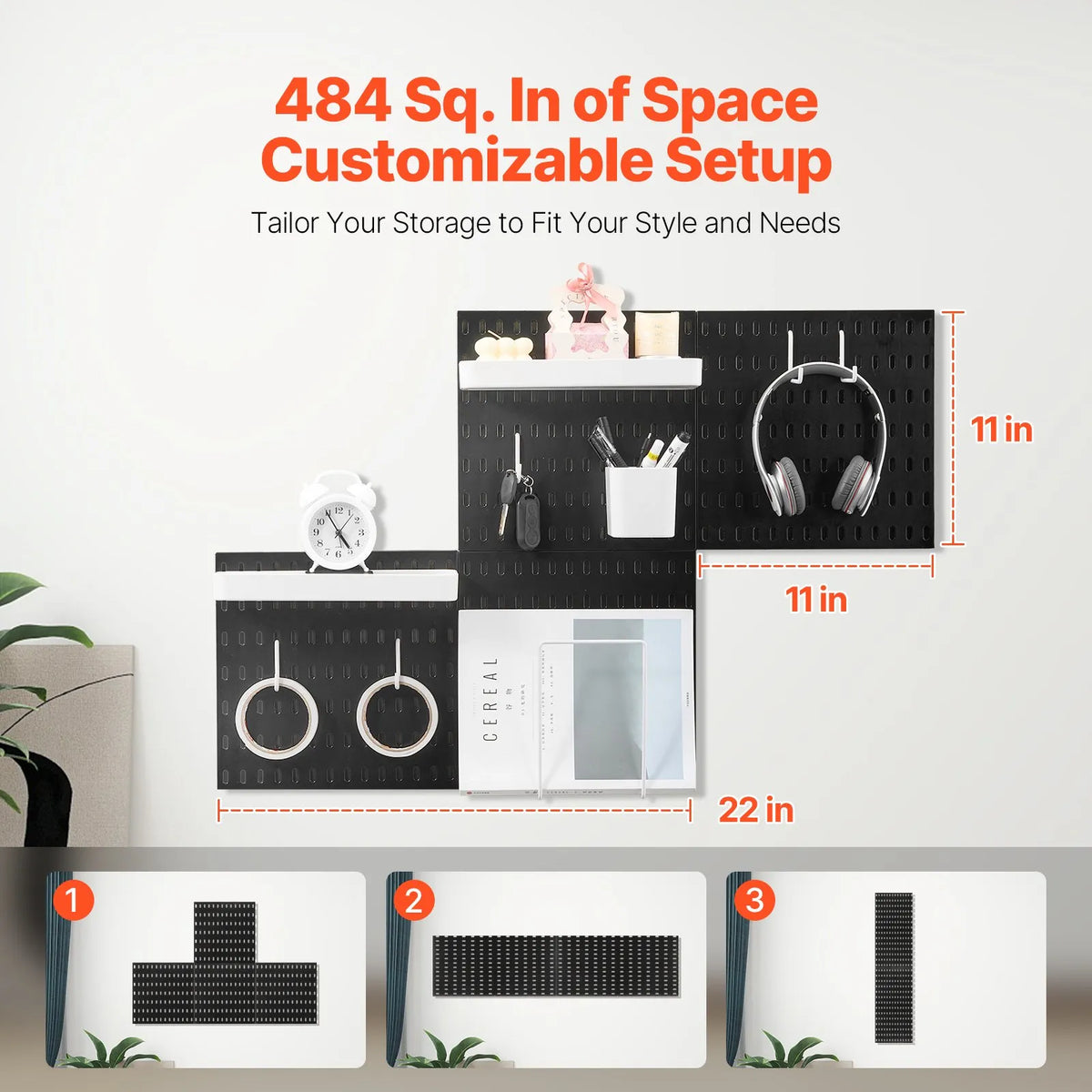VEVOR plastmasas Pegboard sienas organizatora komplekts, 4 paneļi 280 × 280 mm, perforēto paneļu sistēma ar piederumiem instrumentu un sadzīves priekšmetu uzglabāšanai, garāžai, virtuvei, viesistabai, amatniecības telpai, birojam un vannasistabai, melna