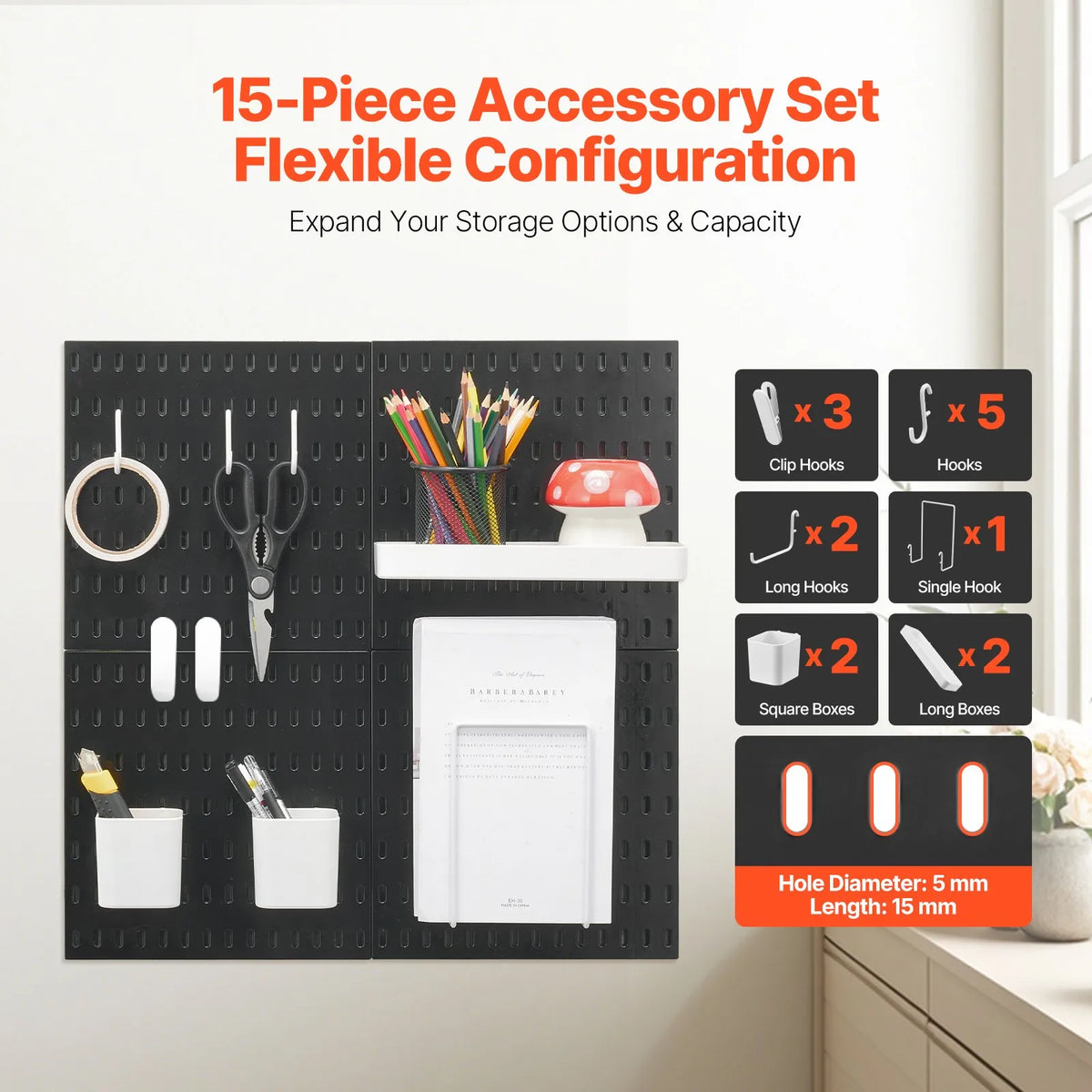 VEVOR plastmasas Pegboard sienas organizatora komplekts, 4 paneļi 280 × 280 mm, perforēto paneļu sistēma ar piederumiem instrumentu un sadzīves priekšmetu uzglabāšanai, garāžai, virtuvei, viesistabai, amatniecības telpai, birojam un vannasistabai, melna