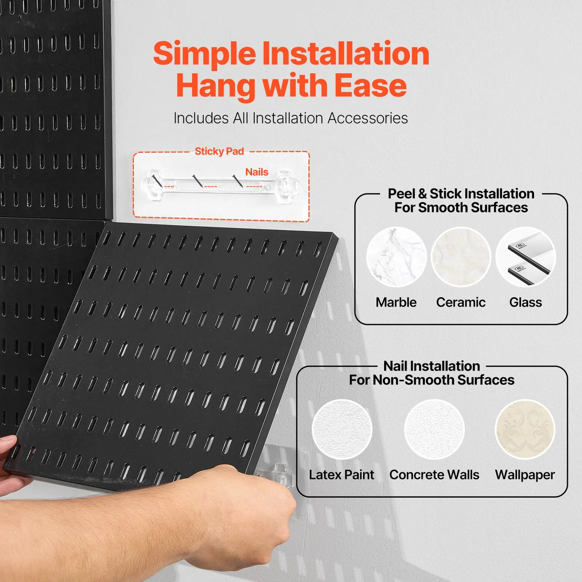 VEVOR plastmasas Pegboard sienas organizatora komplekts, 4 paneļi 280 × 280 mm, perforēto paneļu sistēma ar piederumiem instrumentu un sadzīves priekšmetu uzglabāšanai, garāžai, virtuvei, viesistabai, amatniecības telpai, birojam un vannasistabai, melna